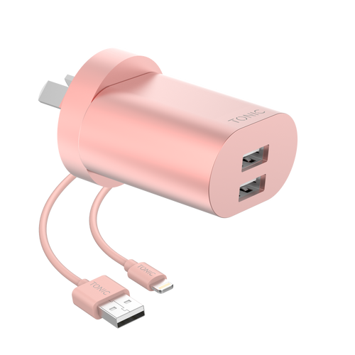 Dual Port USB-A Wall Charger with Lightning Cable - Rose Gold