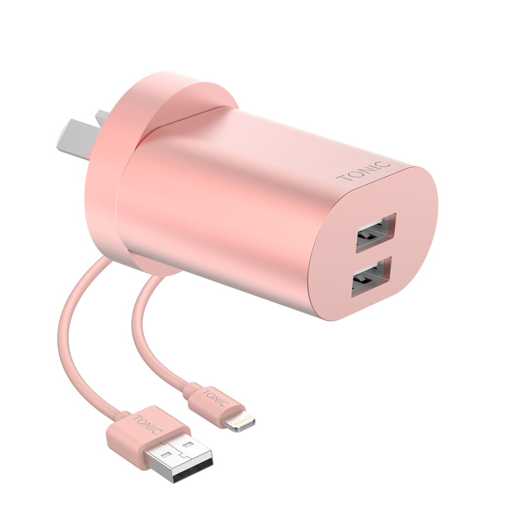 Dual Port USB-A Wall Charger with Lightning Cable - Rose Gold