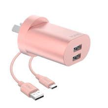 Load image into Gallery viewer, Dual Port USB-A Wall Charger with USB-C Cable - Rose Gold