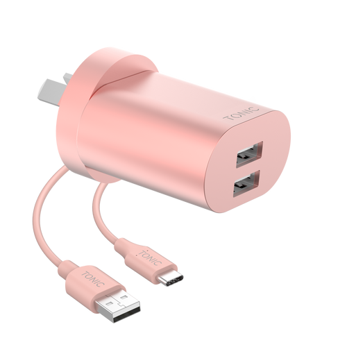 Dual Port USB-A Wall Charger with USB-C Cable - Rose Gold