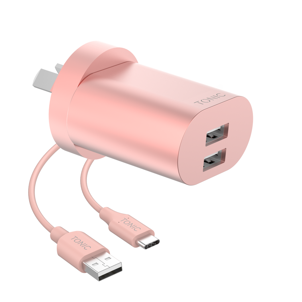 Dual Port USB-A Wall Charger with USB-C Cable - Rose Gold